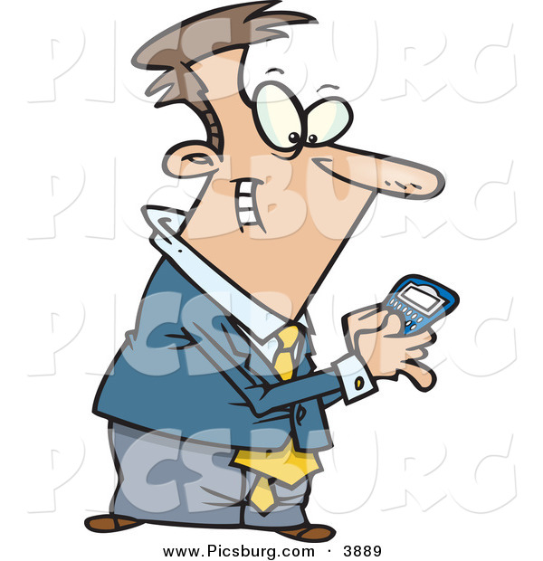 Clip Art of an Excited Man Using a BlackBerry Wireless Handheld Device to Send Text Messages