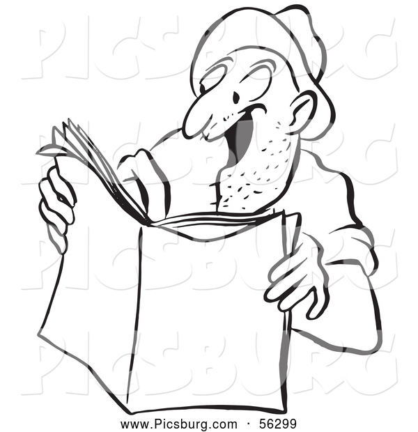 Clip Art of an Excited Worker Man Reading a Story Black and White