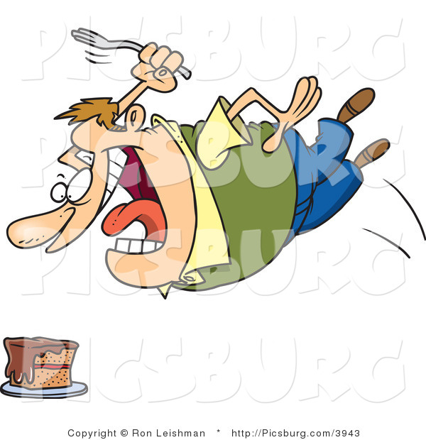 Clip Art of an Obese and Hungry Caucasian Man Diving Towards a Cake with a Fork