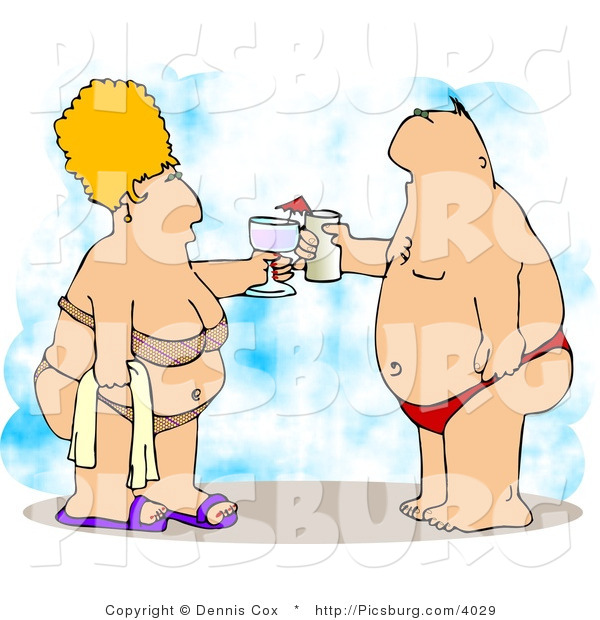 Clip Art of an Obese Husband and Wife Vacationing at the Beach and Clinking Glasses Together