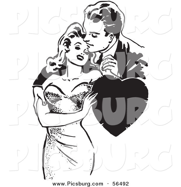 Clip Art of an Old Fashioned Man and Woman Romantically Embracing with a Love Heart - Black and White