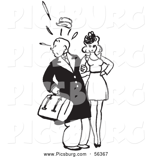 Clip Art of an Old Fashioned Retro Vintage Surprised Man Looking Back with a Woman in Black and White