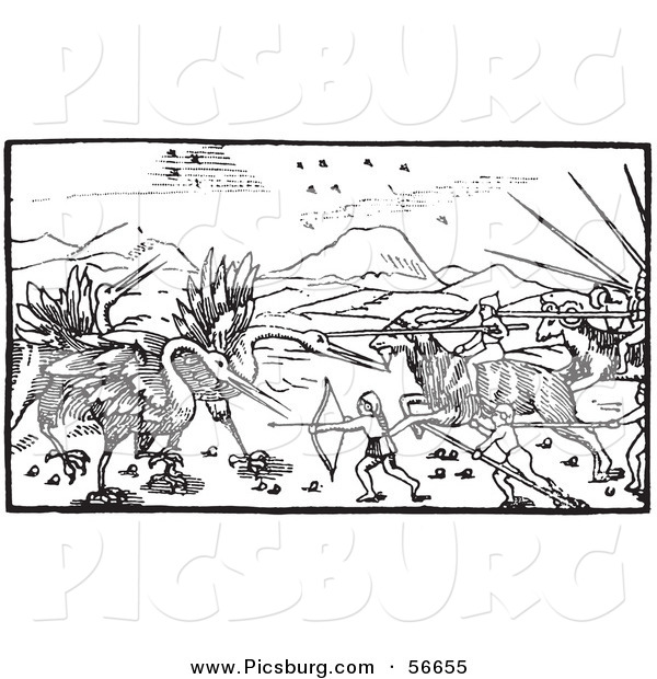 Clip Art of an Old Fashioned Vintage Battle Between Cranes and Pygmies Black and White 1