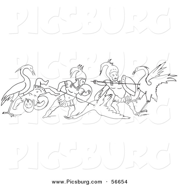 Clip Art of an Old Fashioned Vintage Battle Between Cranes and Pygmies Black and White 2