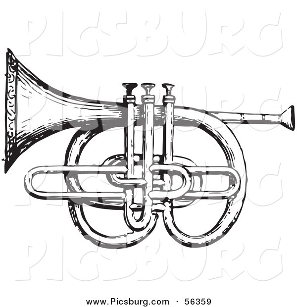 Clip Art of an Old Fashioned Vintage Cornet and Pistons in Black and White