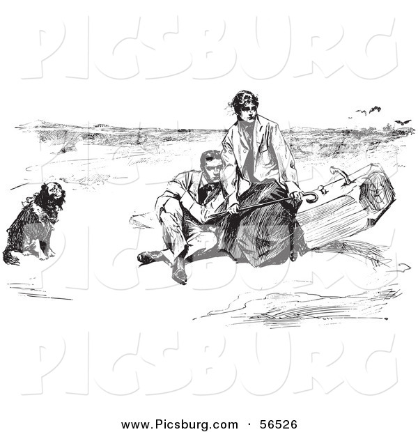 Clip Art of an Old Fashioned Vintage Couple and Dog on a Beach in Black and White