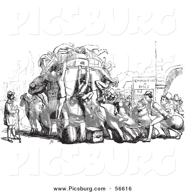 Clip Art of an Old Fashioned Vintage Crowd Attacking an Omnibus in Black and White