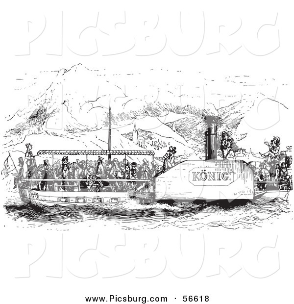 Clip Art of an Old Fashioned Vintage Crowded Rhine Boat in Black and White