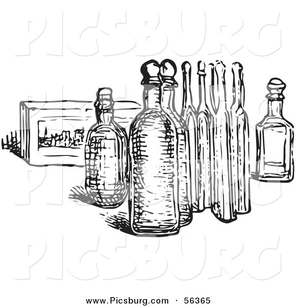 Clip Art of an Old Fashioned Vintage Eau De Cologne Bottles in Black and White