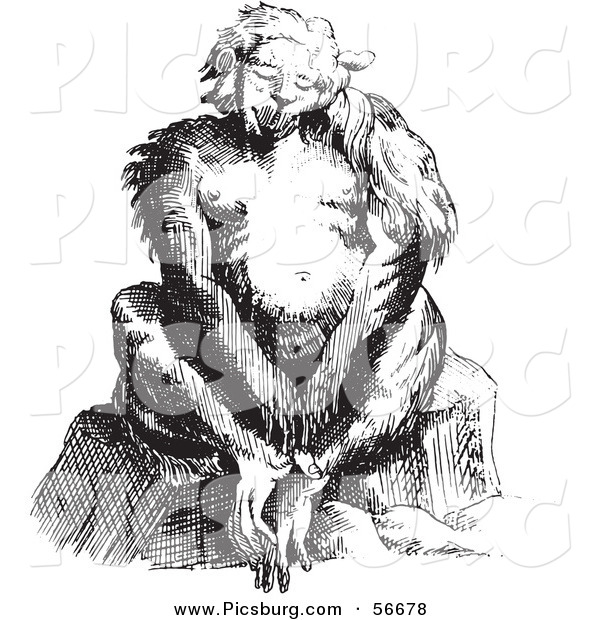 Clip Art of an Old Fashioned Vintage Fantasy Ape Creature Sitting Black and White