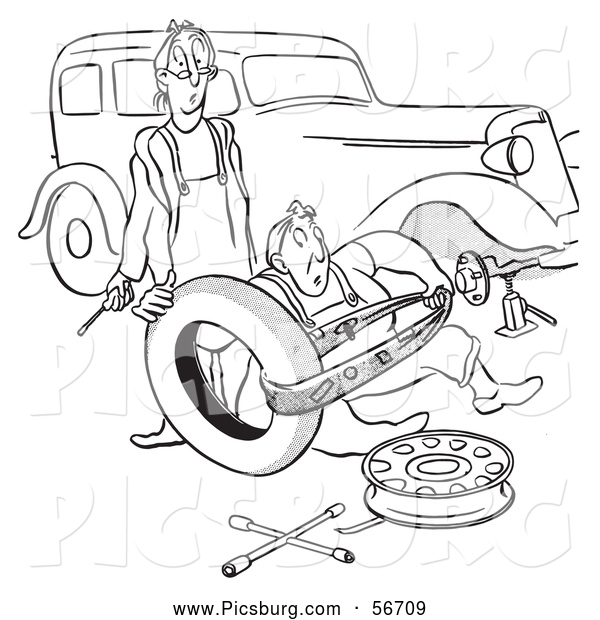 Clip Art of an Old Fashioned Vintage Man and Woman Struggling with Changing a Car Tire Black and White