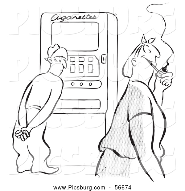 Clip Art of an Old Fashioned Vintage Man at a Cigarette Machine Watching a Woman with a Pipe Black and White