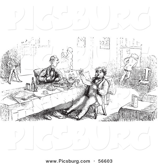 Clip Art of an Old Fashioned Vintage Men Eating and Reading in Black and White