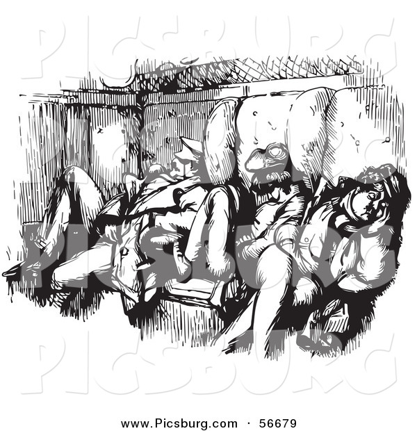 Clip Art of an Old Fashioned Vintage Men Sleeping in a Train Car in Black and White