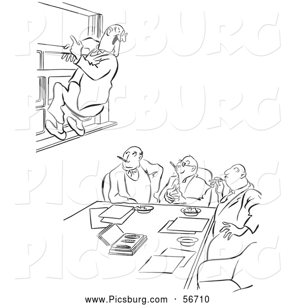 Clip Art of an Old Fashioned Vintage Office Worker Man Leaping out a Window at a Meeting Black and White