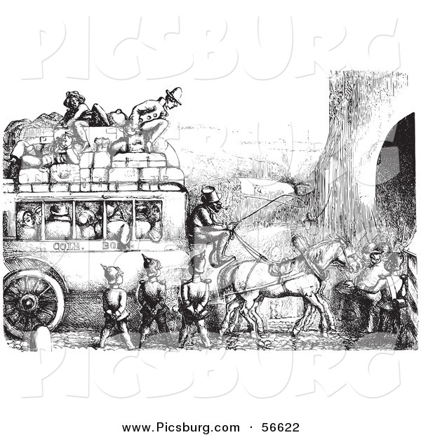 Clip Art of an Old Fashioned Vintage Soldiers Stopping an Omnibus in Black and White