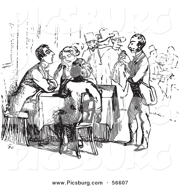 Clip Art of an Old Fashioned Vintage Waiter Tending to Tired Travelers in Black and White