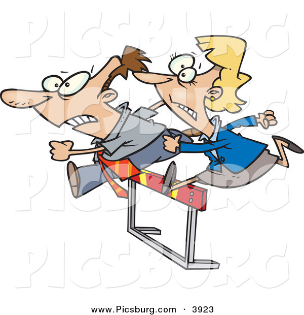 Clip Art of Competitive Coworker Man and Woman Jumping a Hurdle Obstacle During a RaceCompetitive Coworker Man and Woman Jumping a Hurdle Obstacle During a Race
