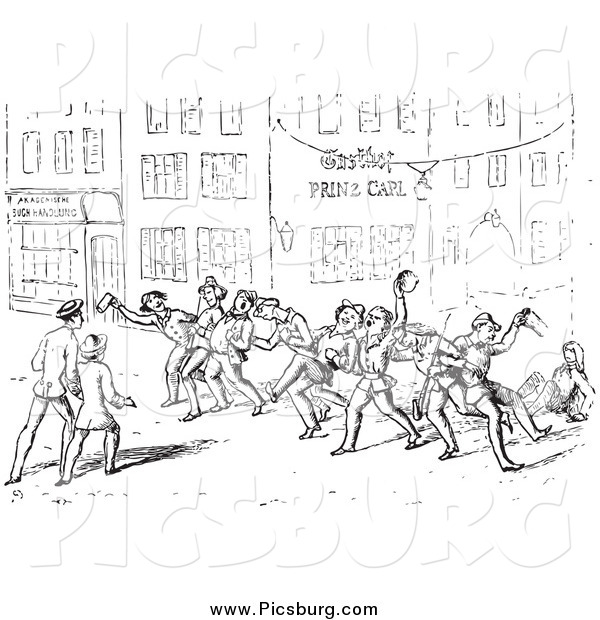 Clip Art of Drunk Men on a Vintage Street in Black and White