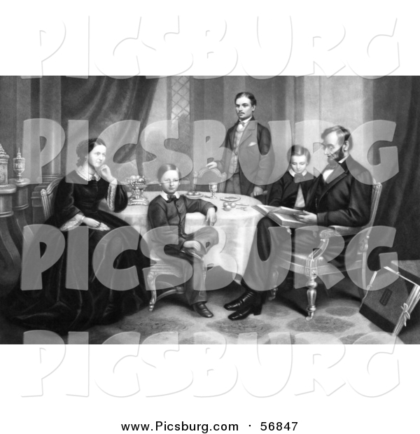 Clip Art of Family Portrait of Willie, Robert, Tad, Mr and Mrs Abraham Lincoln Sitting Around a Table in 1861