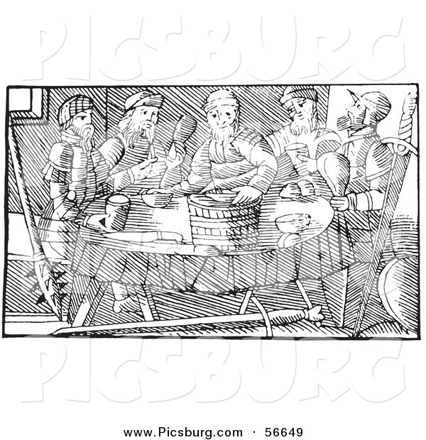 Clip Art of Fantasy Feasting Giants - Black and White Line Drawing