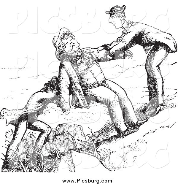 Clip Art of Friends Assisting a Man up a Hill in Black and White