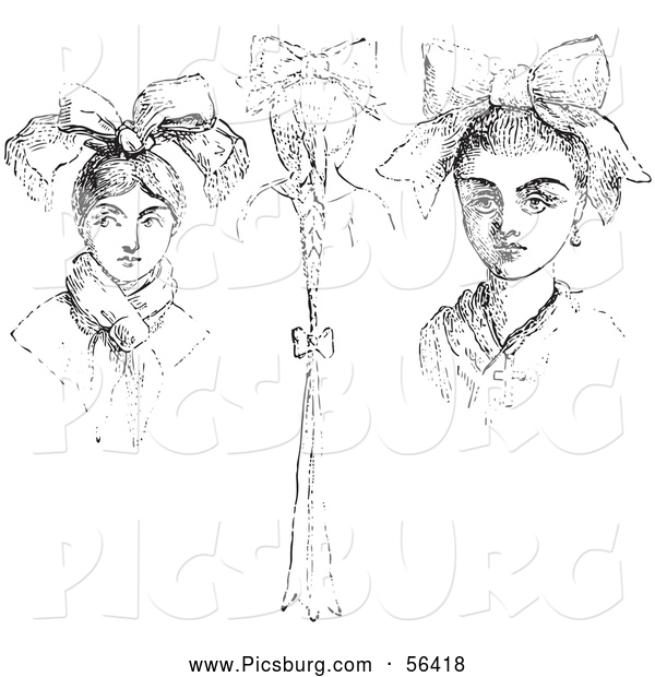 Clip Art of Girls with Peasant Headdresses in Black and White