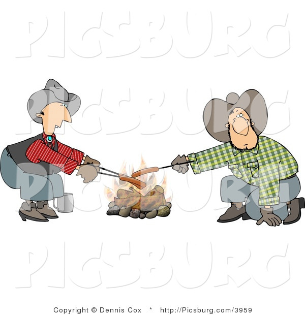 Clip Art of Homosexual Cowboys Roasting Hot Dogs over a Campfire - Weeny Roast