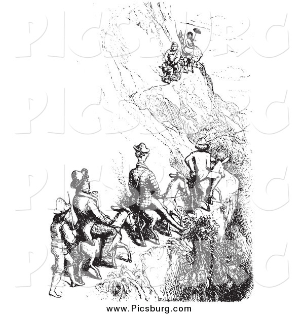 Clip Art of Men Riding Mules on a Cliff Side, Black and White