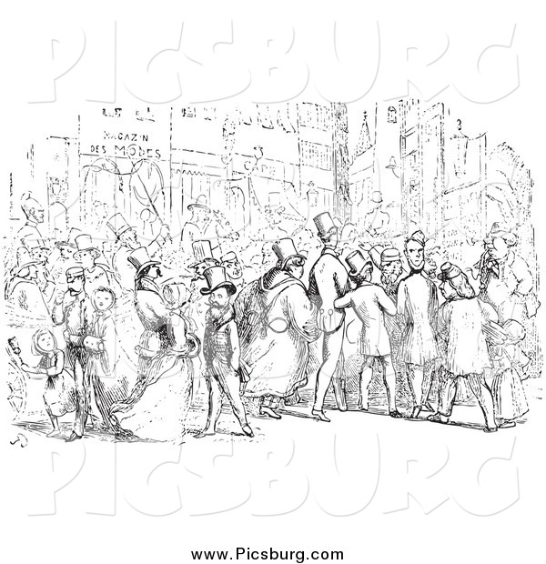 Clip Art of People in a Street in Black and White