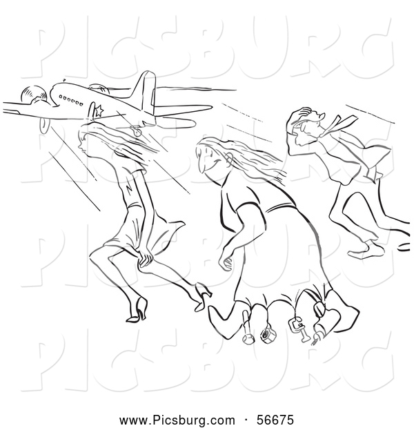 Clip Art of Retro Vintage Creative Woman and Two Others in Strong Winds at the Airport in Black and White - Coloring Page Outline