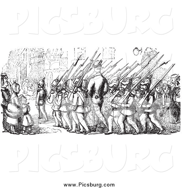 Clip Art of Street Scene of People Watching Marching Soldiers in Black and White