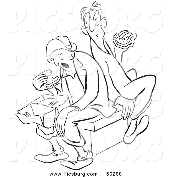 Clip Art of Tired Guys Eating Unappetizing Sandwiches for Lunch - Black and White Line Art