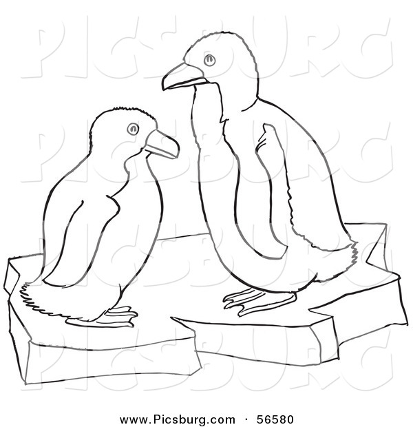 Clip Art of Two Baby Penguins on Ice - Black and White Line Art