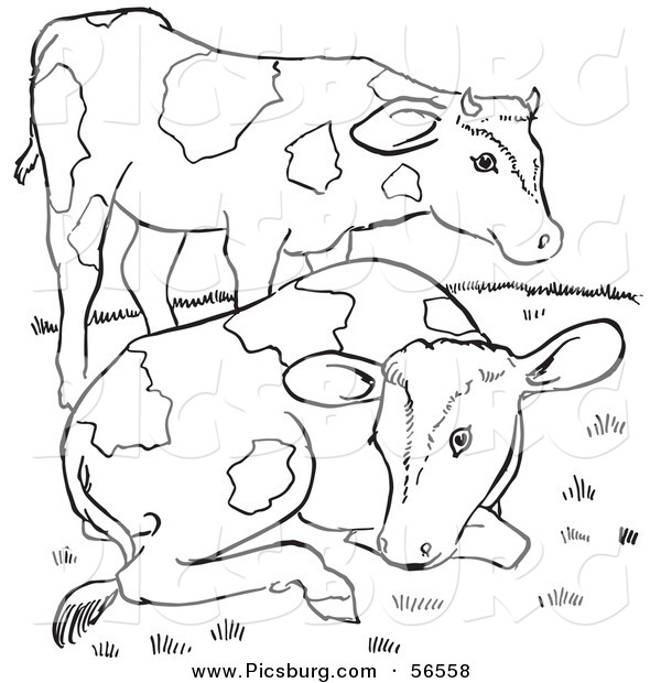 Clip Art of Two Farm Cows on a Hill - Black and White Line Art
