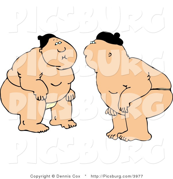 Clip Art of Two Heavyset Japanese Sumo Fighters Facing Each Other in a Circular Ring