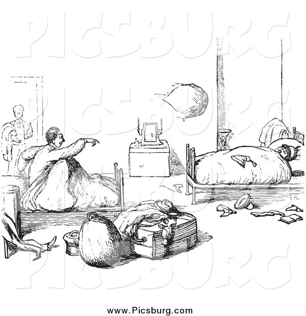 Clip Art of Vintage Hotel Guests Waking up in Black and White