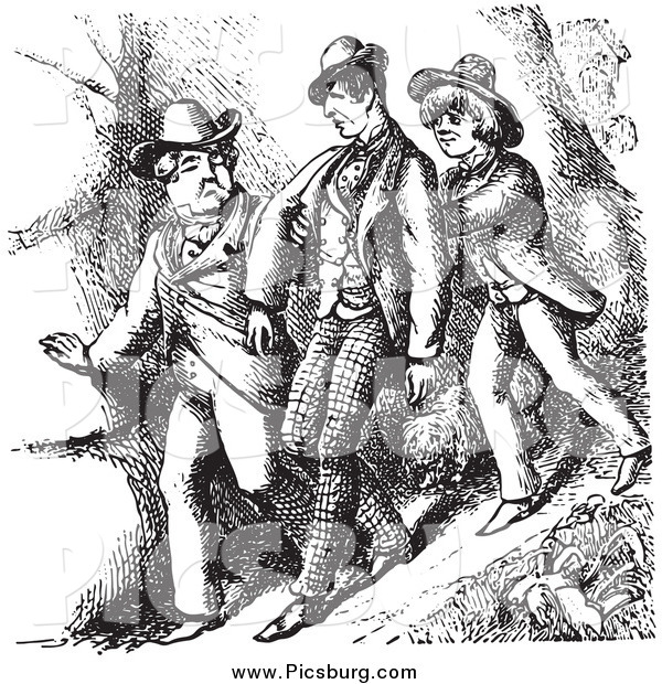Clip Art of Vintage Men Hiking on a Steep Hill