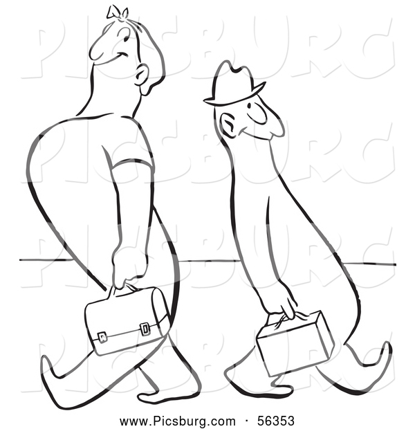 Clip Art of Worker Couple Smiling and Walking in Different Directions Black and White
