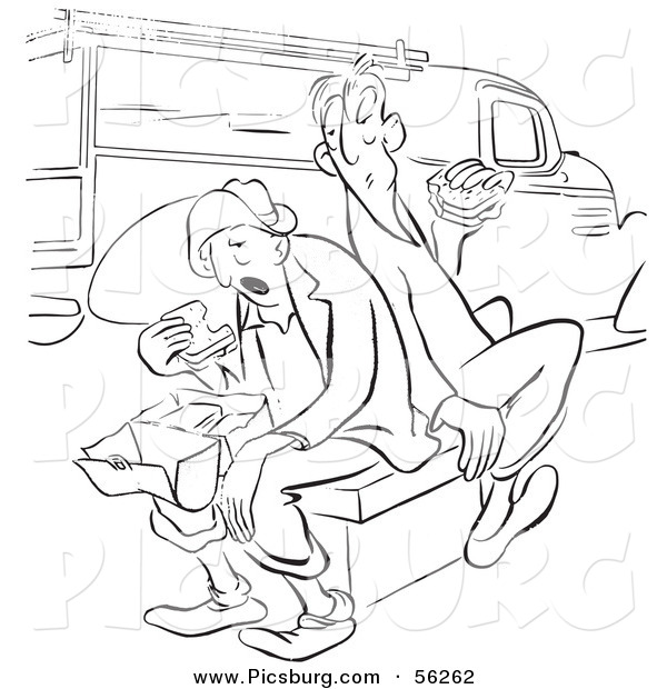 Clip Art of Worker Men Eating Unsavoury Packed Lunch Beside Work Truck - Black and White Line Art