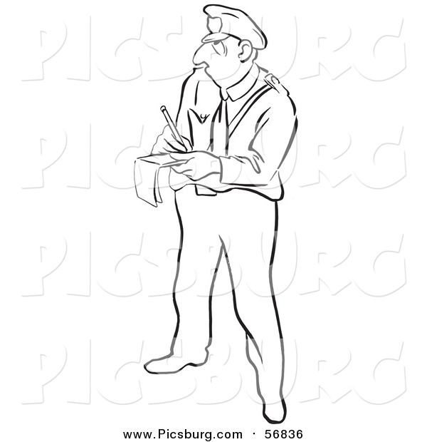 Vector Clip Art of a Black and White Lineart Police Officer Writing a Ticket