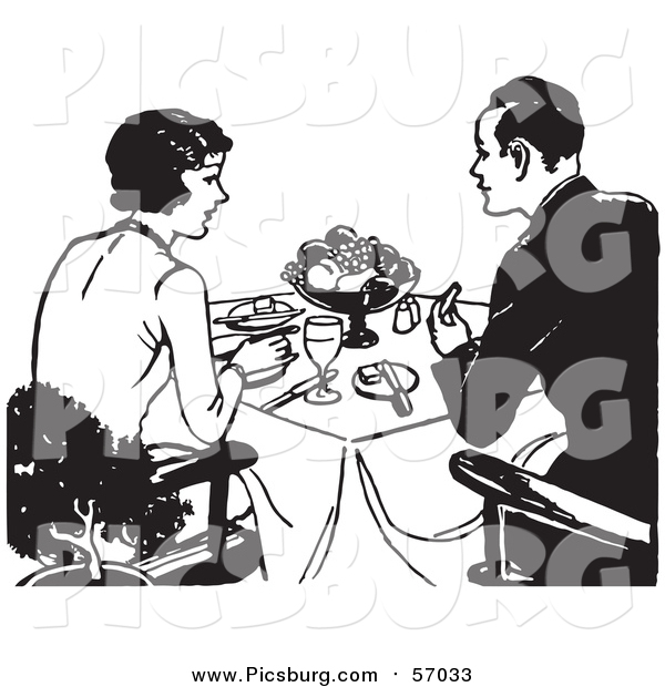 Vector Clip Art of a Black and White Retro Couple Dining