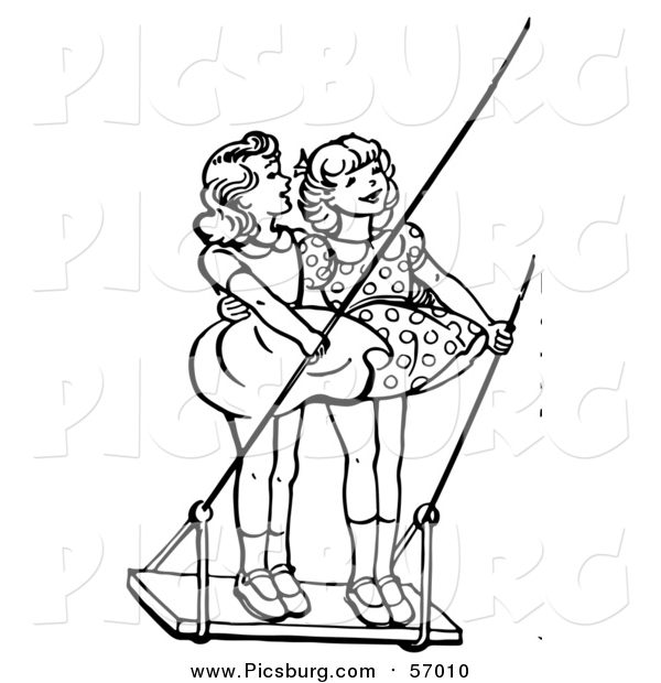 Vector Clip Art of a Black and White Retro Girls Standing on a Swing
