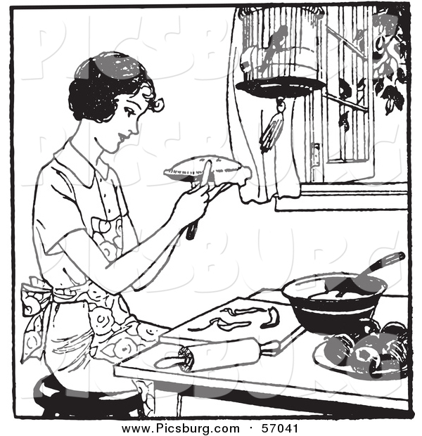 Vector Clip Art of a Black and White Retro Lady Making Apple Pie