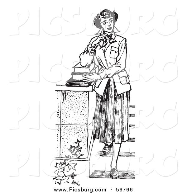 Vector Clip Art of a Black and White Retro Teenage Girl Standing with Books on Steps