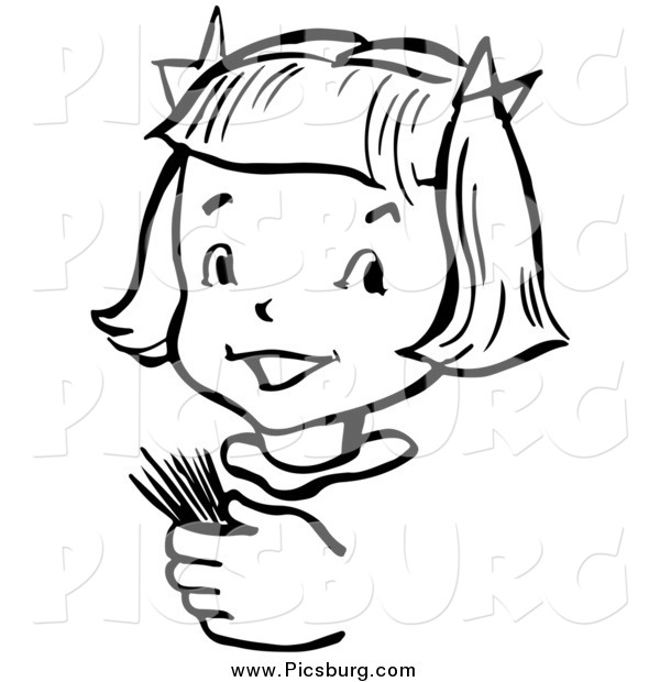 Vector Clip Art of a Happy Retro Black and White Girl Holding Toothpicks