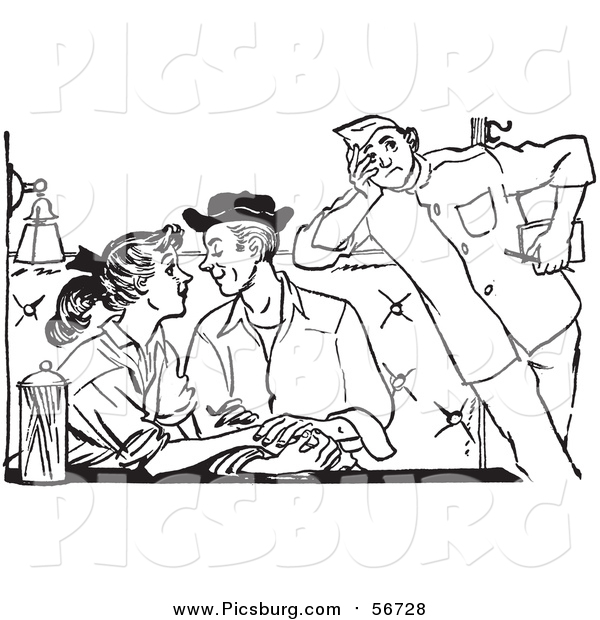 Vector Clip Art of a Retro Annoyed Chaperone Watching a Teenage Couple Swooning at a Diner