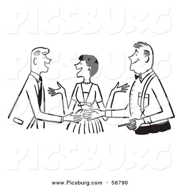 Vector Clip Art of a Retro Black and White Lady Politely Introducing Two Men