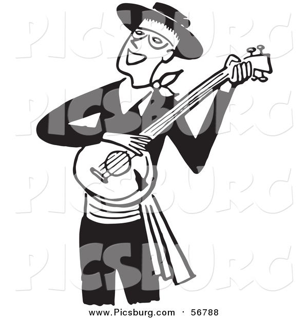 Vector Clip Art of a Retro Black and White Man Smiling and Playing a Banjo