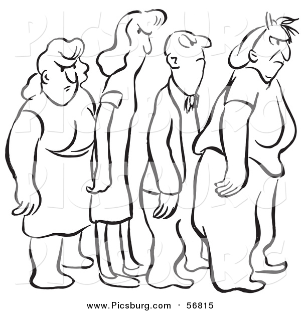 Vector Clip Art of Black and White Lineart Grumpy People in Line